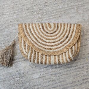 Venus Jute Cotton Woven Crossbody Bag Striped Tassel Boho Summer Tan Resort